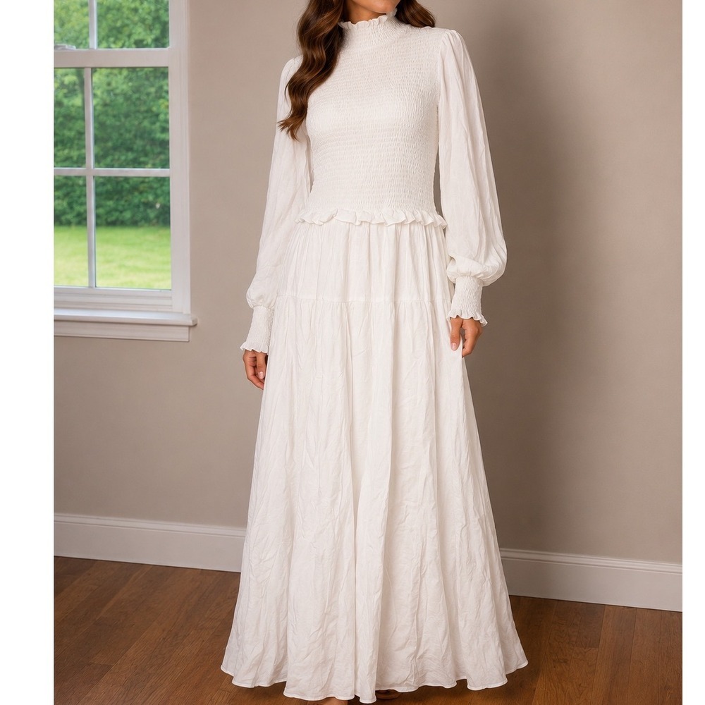 Fehrnvi Apparel‎ Smocked Midi Dress Women's Large Long Sleeve High Neck White
